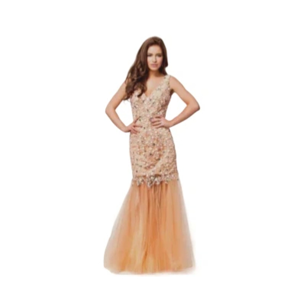 Forever Unique Apricot & Gold Beaded Maxi Prom Gown